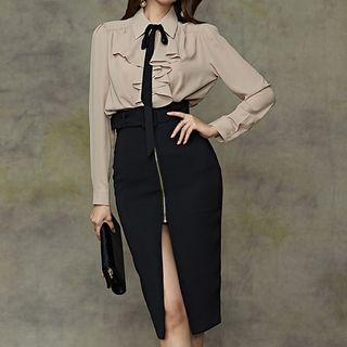 Ruffle Blouse / Front Slit Pencil Skirt