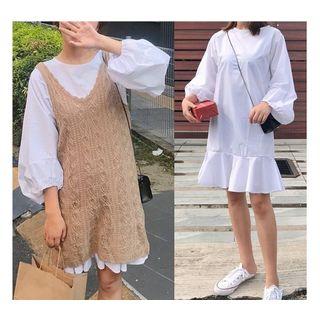 Lantern-sleeve A-line Dress / Long Sweater Vest