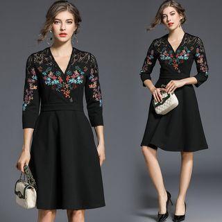 Floral Embroidered A-line V-neck Dress