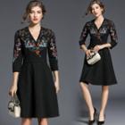 Floral Embroidered A-line V-neck Dress