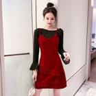 Set: Long-sleeve Flared-cuff Top + Spaghetti Strap Mini Pinafore Dress