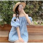 Short-sleeve Off-shoulder Flower Print Top Light Blue - One Size