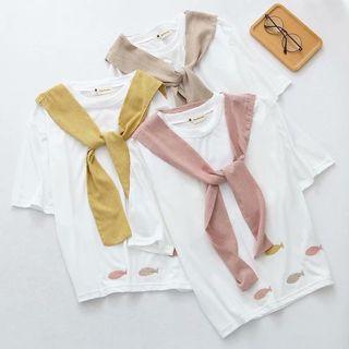 Elbow-sleeve Fish Appliqued Paneled T-shirt