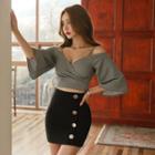 Set: Cold Shoulder Deep Plunge 3/4-sleeve Top + Buttoned Mini Skirt
