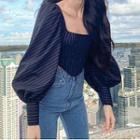 Puff-sleeve Pinstriped Blouse