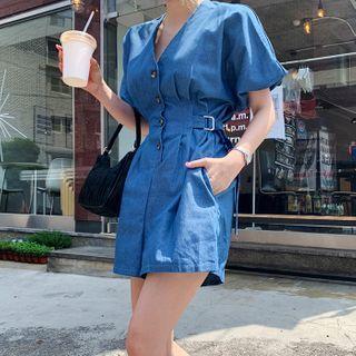 Belted-side Pleated Denim Playsuit