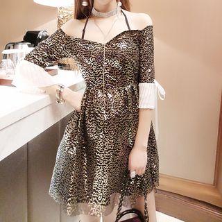 Sequined Off Shoulder 3/4 Sleeve Dress