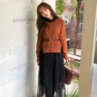 Set: Dip-back Knit Top + Sleeveless Tulle-hem Dress Brown - One Size