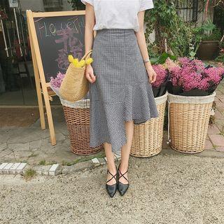 Plaid Asymmetric Hem Midi Skirt