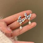 Faux Pearl Butterfly Drop Earring 1 Pair - S925 Silver - Blue & White - One Size