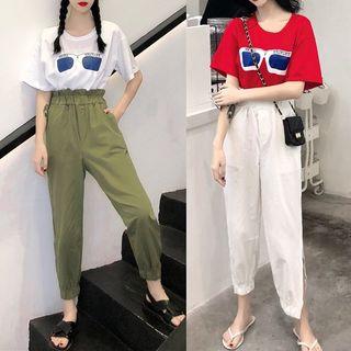 Short Sleeve Print T-shirt/high Waist Slit-side Jogger Pants