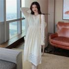 V-neck Smocked-cuff Lace A-line Dress
