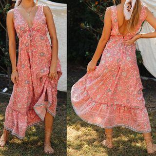 Sleeveless Open-back Floral Print A-line Midi Dress
