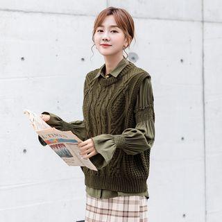 Bell-sleeve Shirt / Knit Vest / Set