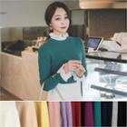 Crew-neck Button-sleeve Knit Top