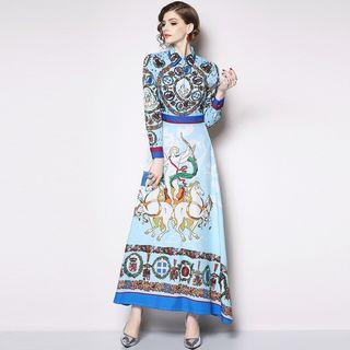 Long-sleeve Print Maxi A-line Collared Dress