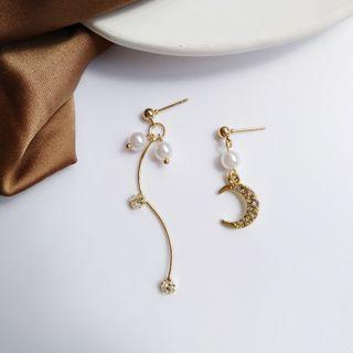 Moon Rhinestone Faux Pearl Asymmetrical Dangle Earring 1 Pair - Earring - Gold - One Size