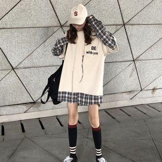 Mock-two Check Loose-fit Hooded Pullover As Figure - One Size