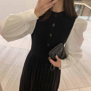 Balloon-sleeve Midi Ribbed Knit Dress