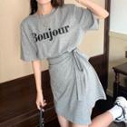 Set: Elbow-sleeve Lettering T-shirt + Mini Wrap Skirt Set Of 2 - Lettering T-shirt & Skirt - Gray - One Size