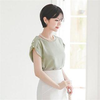 Faux-pearl Shoulder Cap-sleeve Top