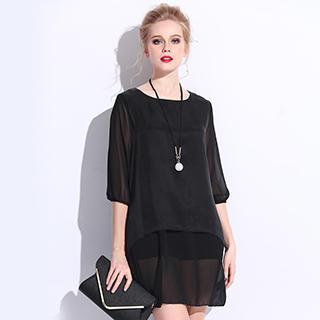 Elbow-sleeve Panel Chiffon Dress