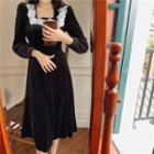 Long-sleeve Floral Applique Velvet Midi A-line Dress