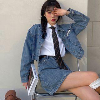 Button-up Denim Jacket / Mini A-line Skirt / Set