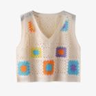 V-neck Color Block Crochet Vest