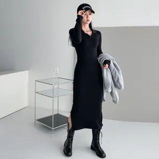 Open-placket Long Bodycon Dress