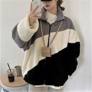 Faux Shearling Zip Jacket Gray & White & Black - One Size