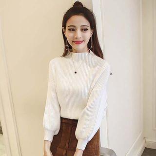 Set: Ribbed Puff-sleeve Knit Top + Corduroy Skirt