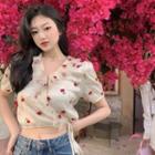 Short-sleeve V-neck Floral Cropped Top As Figure - One Size