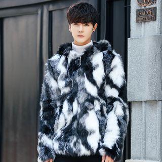 Print Faux Fur Hooded Coat