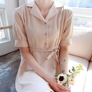 Notched-lapel A-line Shirtdress With Sash