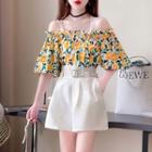 Set: Cold-shoulder Flower Print Blouse + High-waist Shorts