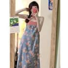 Halter-neck Shirred Top / Floral Print Denim Overall Dress