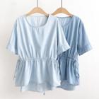 Short-sleeve Denim Drawstring-waist Blouse