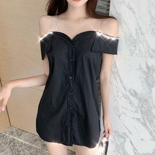 Rhinestone Cold-shoulder Short-sleeve Mini A-line Dress