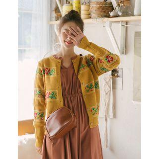 Crew-neck Rosette Rib-knit Cardigan