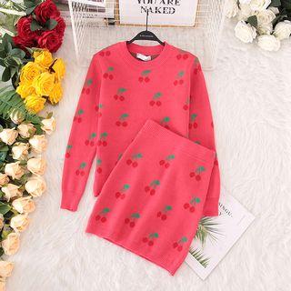 Set: Cherry Print Sweater + Mini Cherry Print Knit Skirt Sweater - Rose Red - One Size / Skirt - Rose Red - One Size