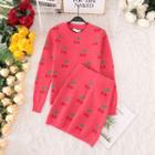 Set: Cherry Print Sweater + Mini Cherry Print Knit Skirt Sweater - Rose Red - One Size / Skirt - Rose Red - One Size