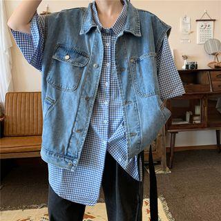 Checked 3/4-sleeve Shirt / Denim Pocket Detail Vest