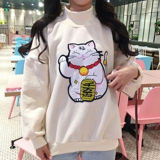Cat Applique High Neck Pullover