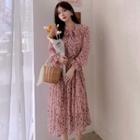 Long-sleeve Floral Print Tie-neck Maxi A-line Dress