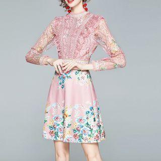 Long-sleeve Lace Panel Print Mini Dress