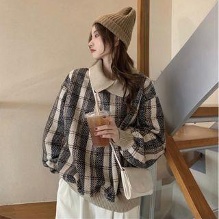 Collared Plaid Sweatshirt Plaid - Black & Almond - One Size