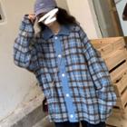 Plaid Cardigan Plaid - Navy Blue & Brown - One Size