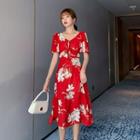 Floral Short-sleeve V-neck Midi A-line Dress Red - S