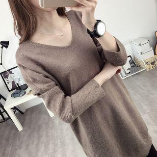 Plain V-neck Long Sweater